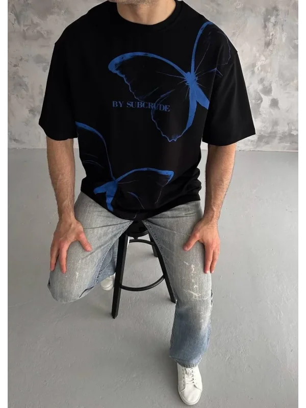 Lushiowear Erkek Kısa Kol Yazlık Tişört Bisiklet Yaka Baskılı Oversize T-Shirt - Siyah