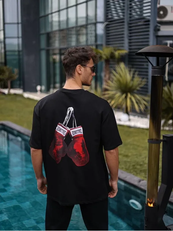 Lushiowear Erkek Kısa Kol Tişört Bisiklet Yaka Box Eldiven Baskılı T-Shirt -  Siyah