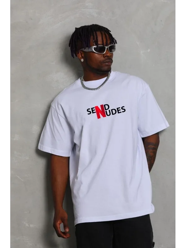 Lushiowear Erkek Kısa Kol Yazlık Tişört Bisiklet Yaka Baskılı Oversize T-Shirt - Beyaz