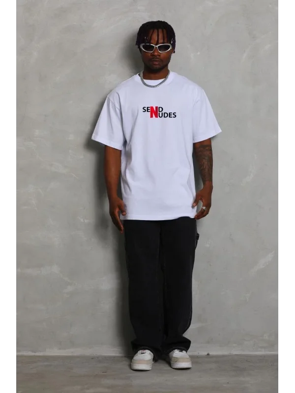 Lushiowear Erkek Kısa Kol Yazlık Tişört Bisiklet Yaka Baskılı Oversize T-Shirt - Beyaz