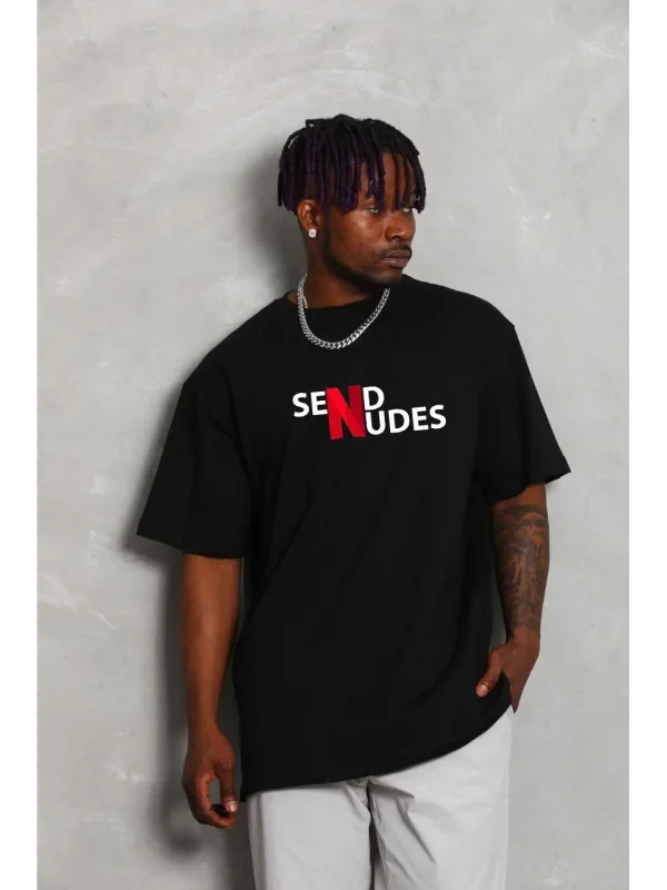Lushiowear Erkek Kısa Kol Yazlık Tişört Bisiklet Yaka Baskılı Oversize T-Shirt - Siyah