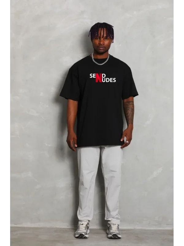 Lushiowear Erkek Kısa Kol Yazlık Tişört Bisiklet Yaka Baskılı Oversize T-Shirt - Siyah