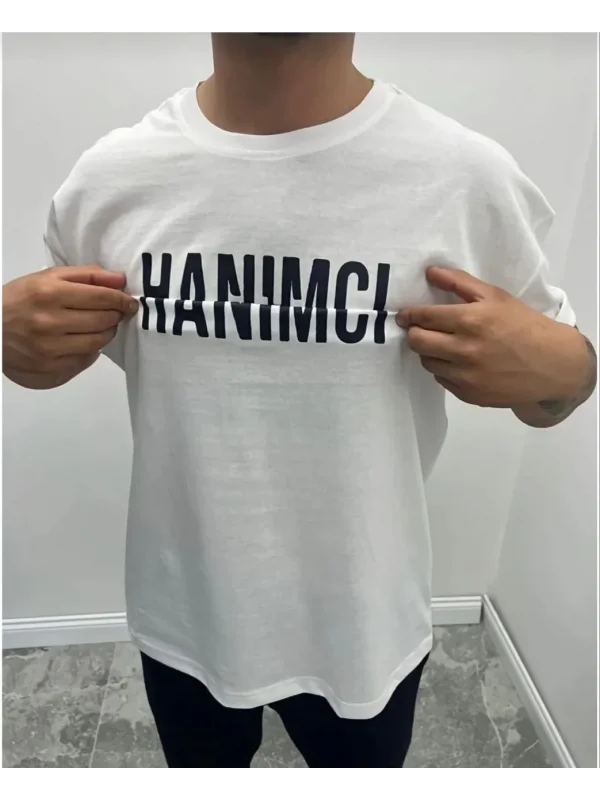 Lushiowear Erkek Tişört Kısa Kol Bisiklet Yaka Katlanan HANIMCI Baskılı T-Shirt - Beyaz