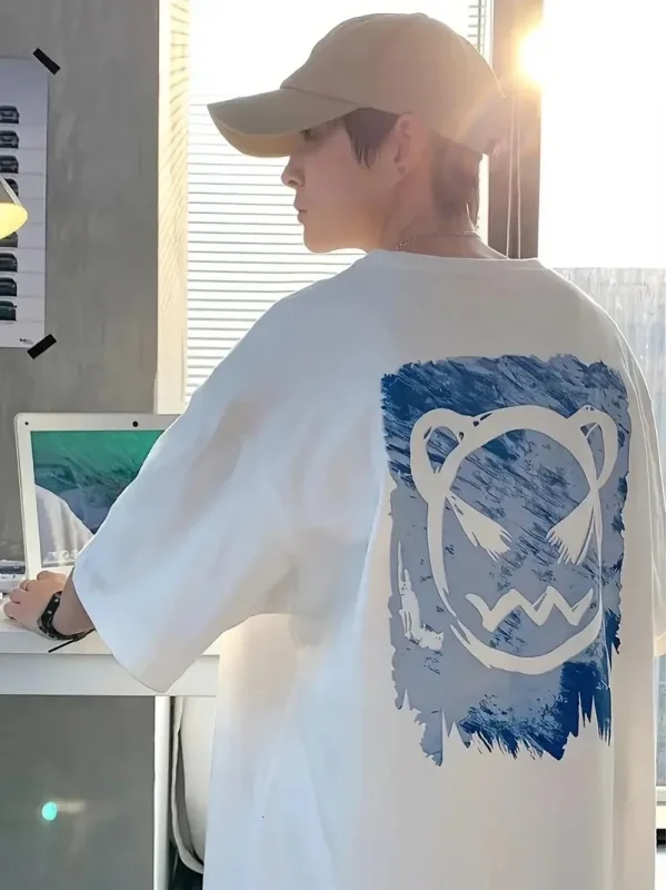 Lushiowear Erkek Tişört Bisiklet Yaka Kore sevimli ayı baskı Kısa Kol T-Shirt  - Beyaz