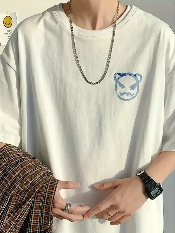 Lushiowear Erkek Tişört Bisiklet Yaka Kore sevimli ayı baskı Kısa Kol T-Shirt  - Beyaz