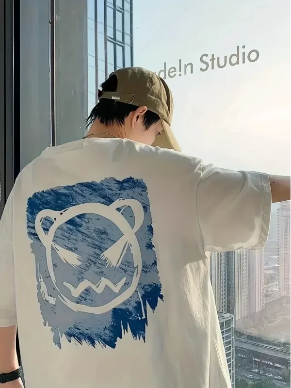 Lushiowear Erkek Tişört Bisiklet Yaka Kore sevimli ayı baskı Kısa Kol T-Shirt  - Beyaz