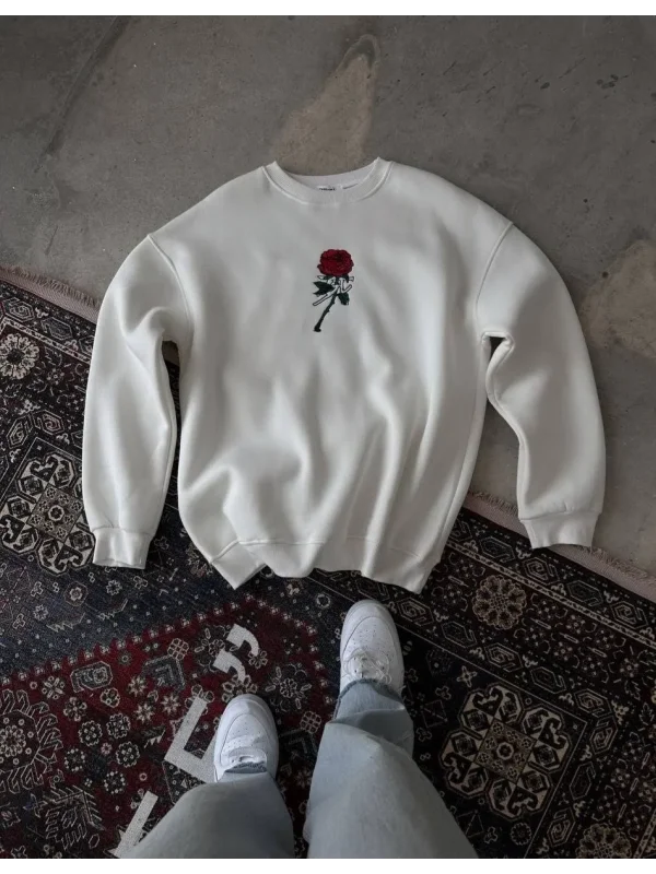Lushiowear ERKEK 3 iplik Pamuklu Bisiklet Yaka Ön Ve Arka Baskılı SweatShirt -  Beyaz