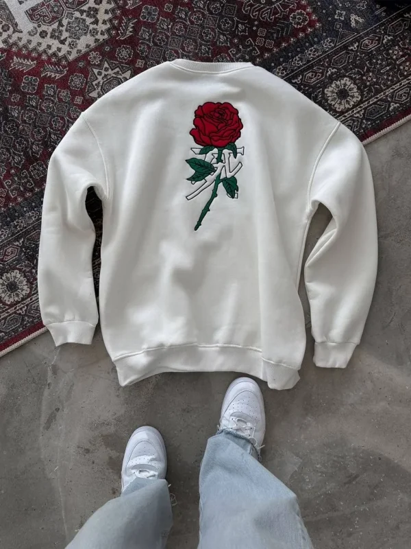 Lushiowear ERKEK 3 iplik Pamuklu Bisiklet Yaka Ön Ve Arka Baskılı SweatShirt -  Beyaz