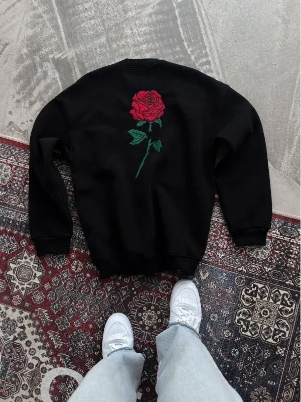 Lushiowear ERKEK 3 iplik Pamuklu Bisiklet Yaka Ön Ve Arka Baskılı SweatShirt - Siyah