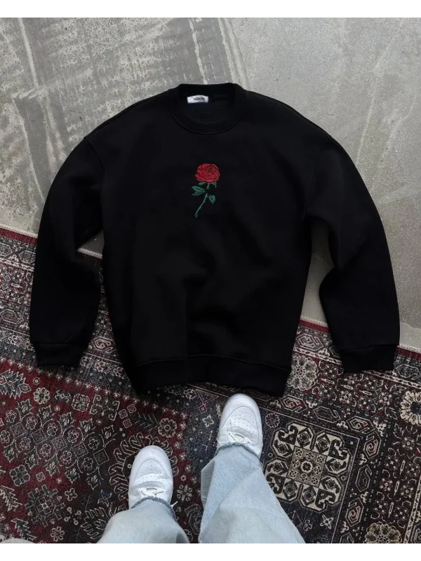 Lushiowear ERKEK 3 iplik Pamuklu Bisiklet Yaka Ön Ve Arka Baskılı SweatShirt - Siyah