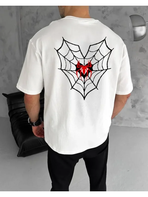 Lushiowear Erkek Kısa Kol Tişört Bisiklet Yaka ÖRÜMCEK Baskılı Oversize T-Shirt - Beyaz