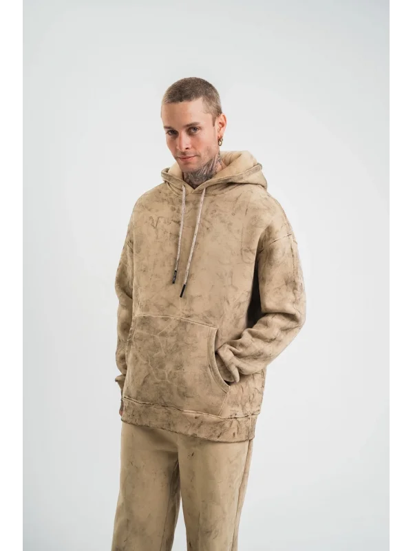 Lushiowear ERKEK 3 iplik Pamuklu Oversize Kapüşonlu Yıkamalı Hoodie SweatShirt - Bej