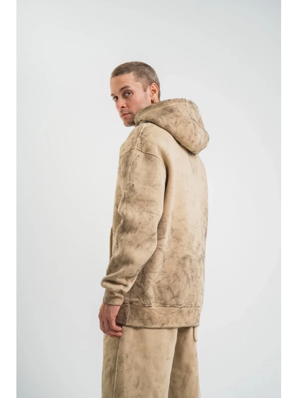 Lushiowear ERKEK 3 iplik Pamuklu Oversize Kapüşonlu Yıkamalı Hoodie SweatShirt - Bej