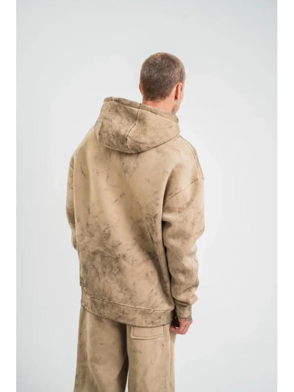 Lushiowear ERKEK 3 iplik Pamuklu Oversize Kapüşonlu Yıkamalı Hoodie SweatShirt - Bej