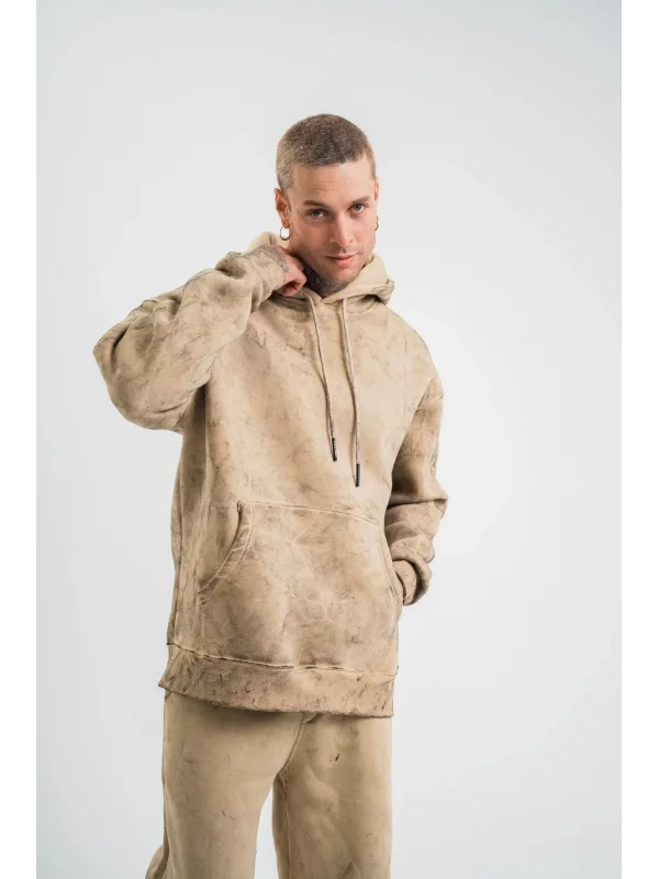 Lushiowear ERKEK 3 iplik Pamuklu Oversize Kapüşonlu Yıkamalı Hoodie SweatShirt - Bej