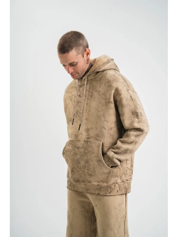 Lushiowear ERKEK 3 iplik Pamuklu Oversize Kapüşonlu Yıkamalı Hoodie SweatShirt - Bej