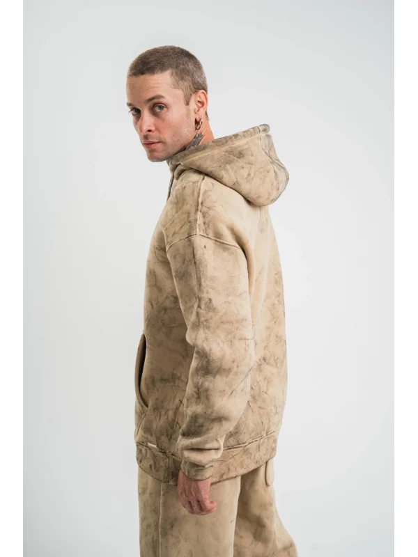 Lushiowear ERKEK 3 iplik Pamuklu Oversize Kapüşonlu Yıkamalı Hoodie SweatShirt - Bej