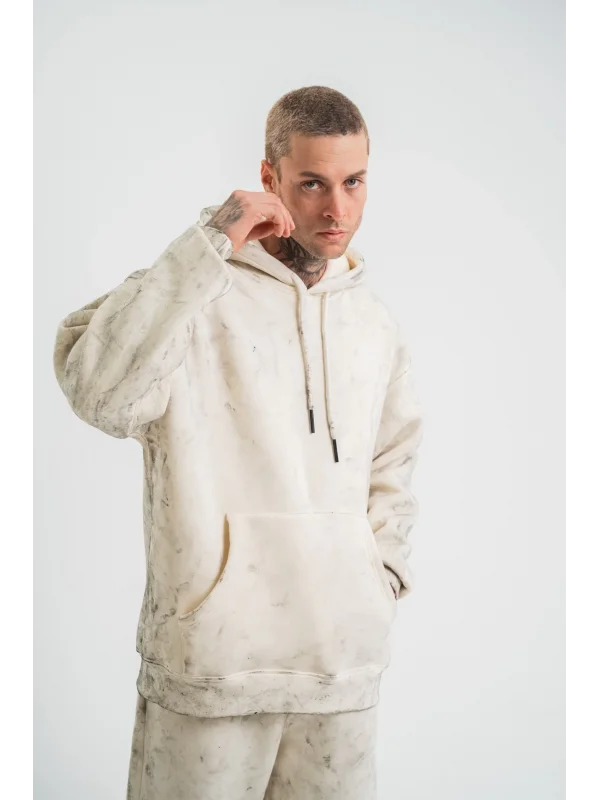 Lushiowear ERKEK  3 iplik Pamuklu Oversize Kapşonlu Yıkamalı SweatShirt Hoodie - Krem