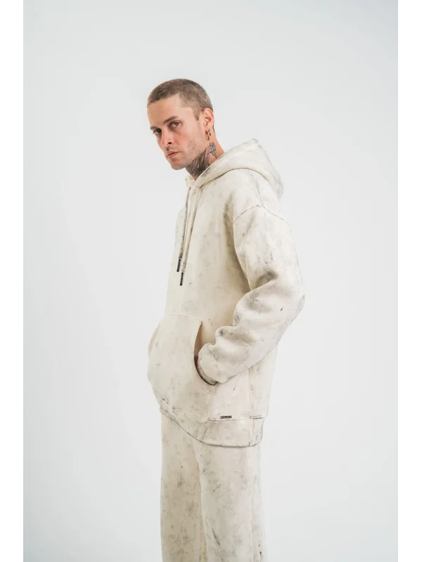 Lushiowear ERKEK  3 iplik Pamuklu Oversize Kapşonlu Yıkamalı SweatShirt Hoodie - Krem