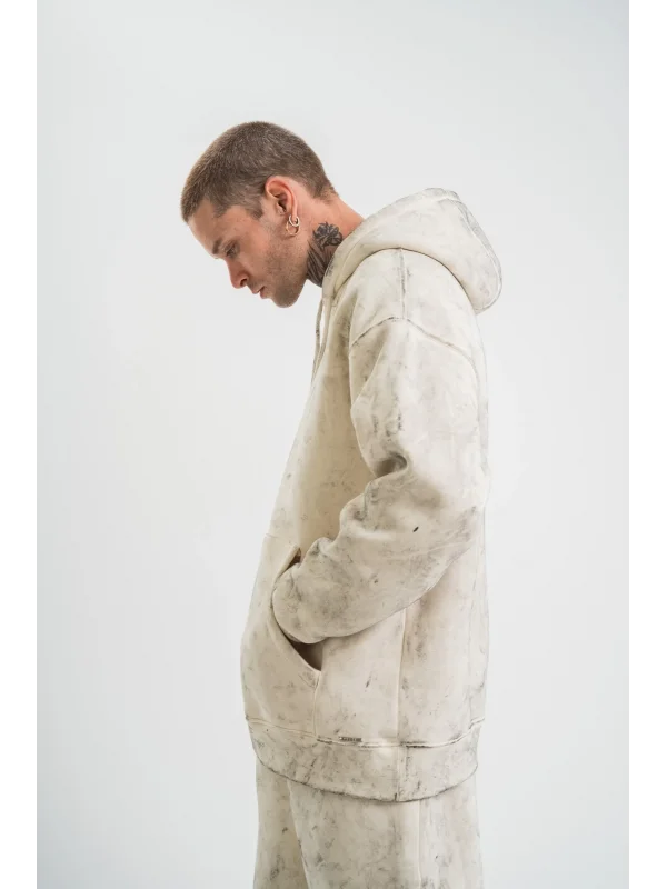 Lushiowear ERKEK  3 iplik Pamuklu Oversize Kapşonlu Yıkamalı SweatShirt Hoodie - Krem