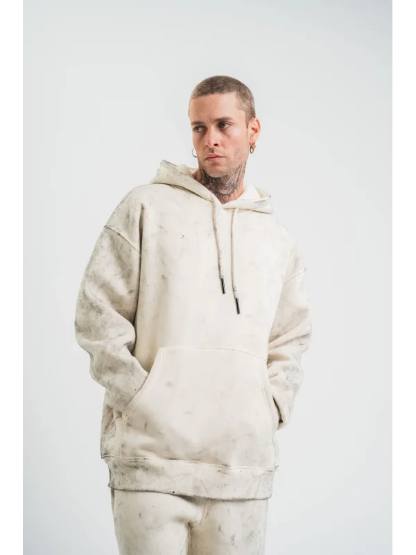 Lushiowear ERKEK  3 iplik Pamuklu Oversize Kapşonlu Yıkamalı SweatShirt Hoodie - Krem