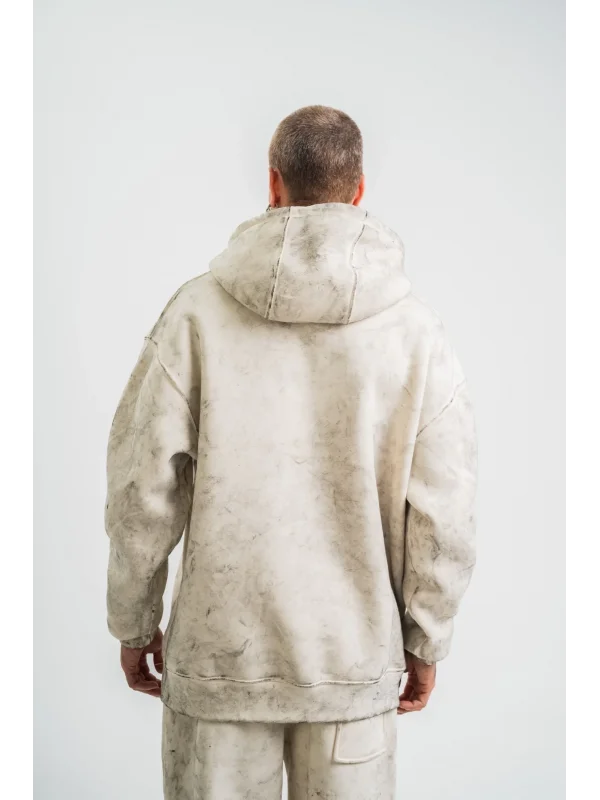 Lushiowear ERKEK  3 iplik Pamuklu Oversize Kapşonlu Yıkamalı SweatShirt Hoodie - Krem