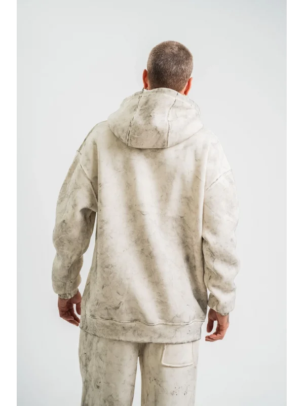 Lushiowear ERKEK  3 iplik Pamuklu Oversize Kapşonlu Yıkamalı SweatShirt Hoodie - Krem