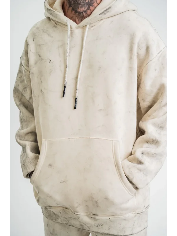 Lushiowear ERKEK  3 iplik Pamuklu Oversize Kapşonlu Yıkamalı SweatShirt Hoodie - Krem