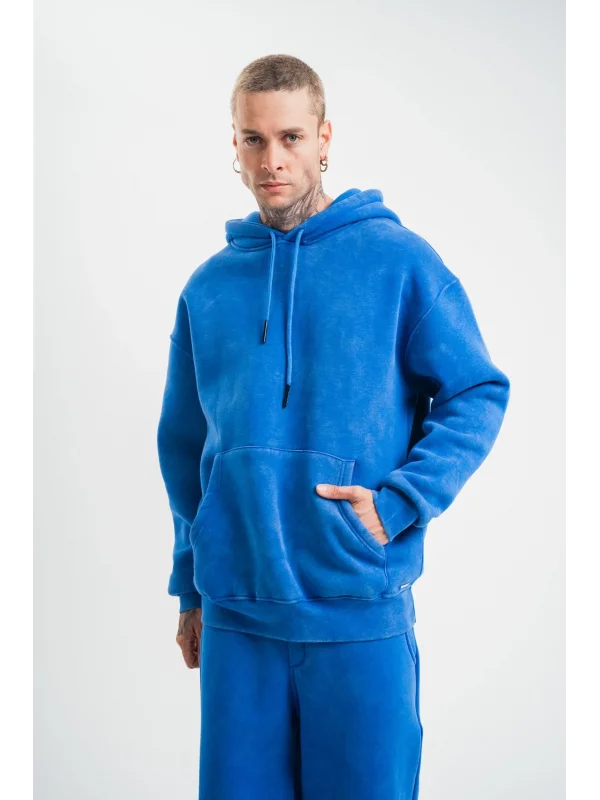 Lushiowear ERKEK 3 İplik Pamuklu Oversize Kapüşonlu Yıkamalı Hoodie SweatShirt - Mavi