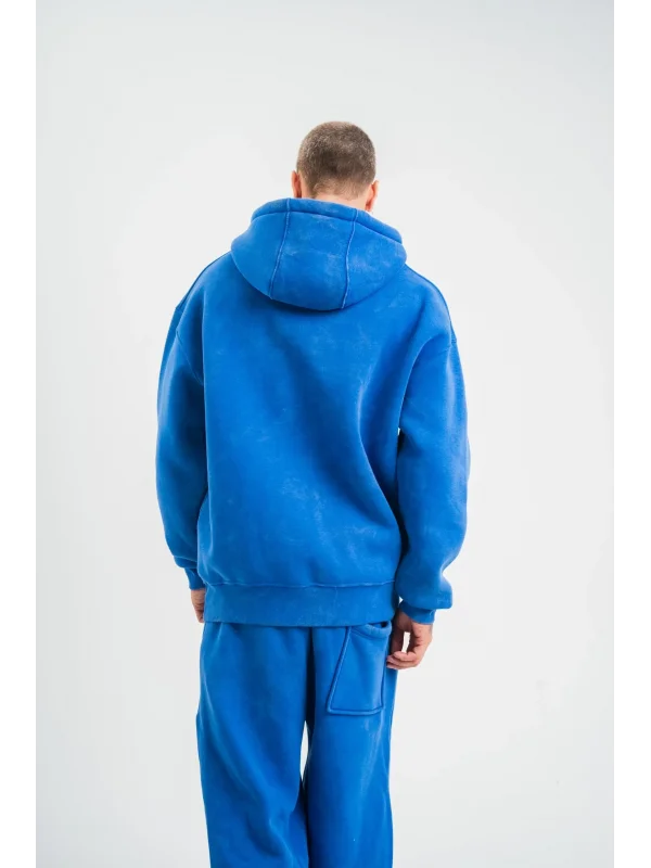Lushiowear ERKEK 3 İplik Pamuklu Oversize Kapüşonlu Yıkamalı Hoodie SweatShirt - Mavi