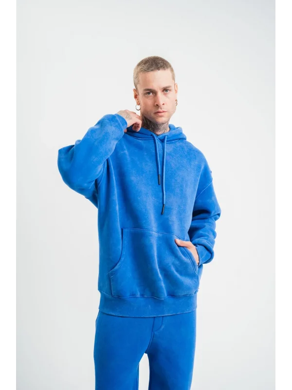 Lushiowear ERKEK 3 İplik Pamuklu Oversize Kapüşonlu Yıkamalı Hoodie SweatShirt - Mavi