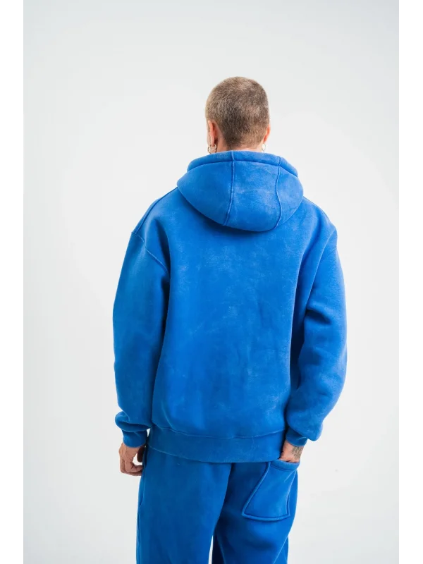 Lushiowear ERKEK 3 İplik Pamuklu Oversize Kapüşonlu Yıkamalı Hoodie SweatShirt - Mavi