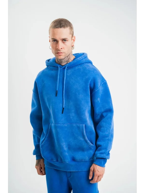 Lushiowear ERKEK 3 İplik Pamuklu Oversize Kapüşonlu Yıkamalı Hoodie SweatShirt - Mavi