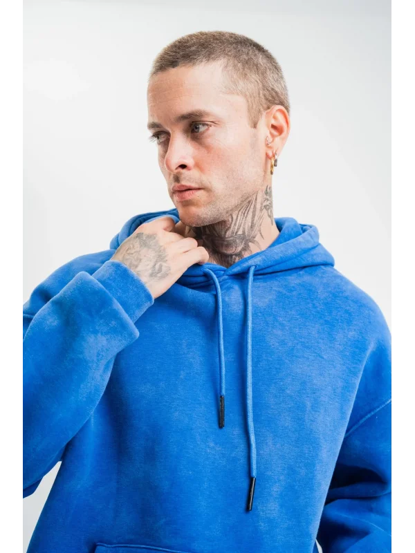Lushiowear ERKEK 3 İplik Pamuklu Oversize Kapüşonlu Yıkamalı Hoodie SweatShirt - Mavi