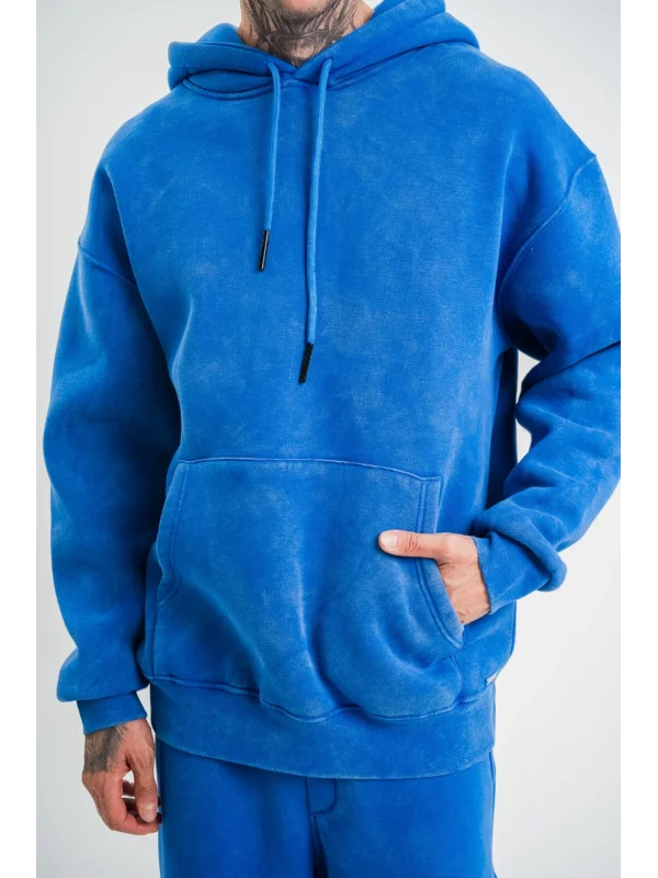 Lushiowear ERKEK 3 İplik Pamuklu Oversize Kapüşonlu Yıkamalı Hoodie SweatShirt - Mavi