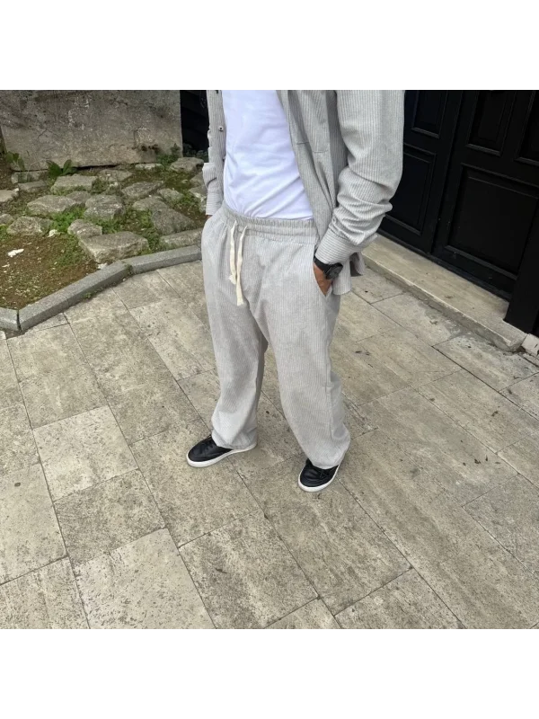 Lushiowear Erkek Fitilli Kadife Cepli Buggy Pantolon Oversize Rahat Kalıp - Gri