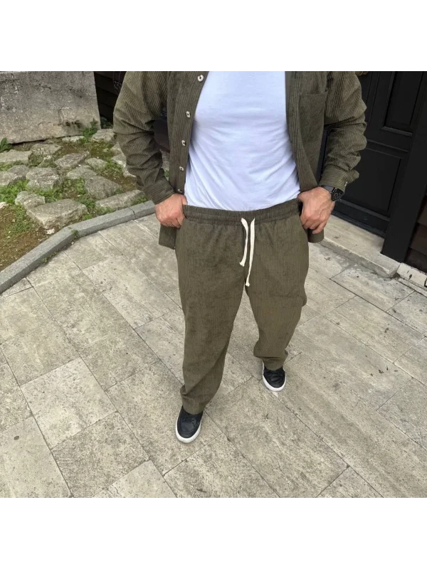 Lushiowear Erkek Fitilli Kadife Cepli Buggy Pantolon Oversize Rahat Kalıp - Haki
