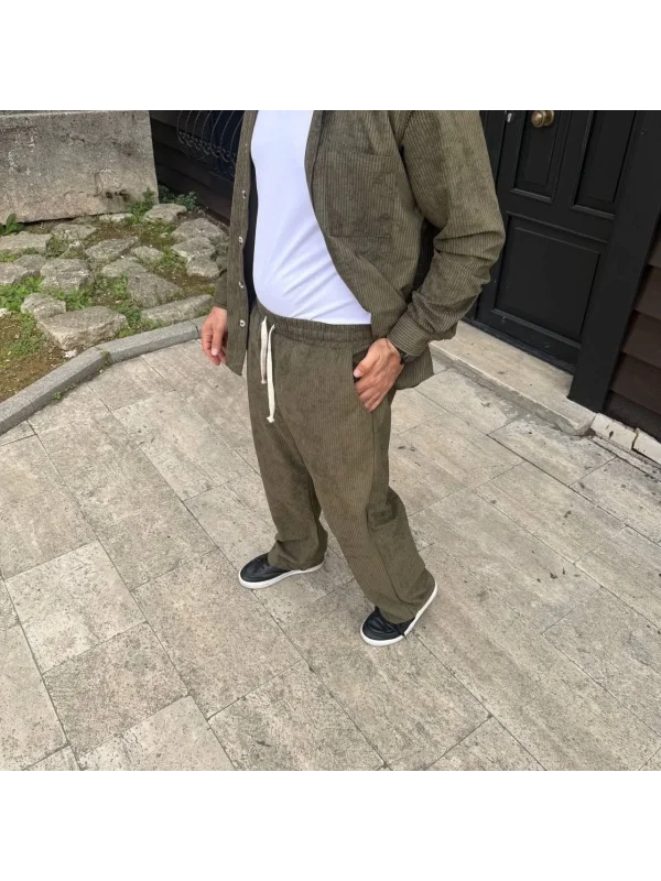 Lushiowear Erkek Fitilli Kadife Cepli Buggy Pantolon Oversize Rahat Kalıp - Haki
