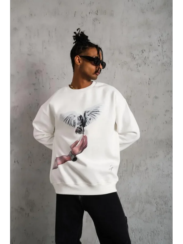 Lushiowear Erkek Güvercin Baskılı 3 iplik pamuklu Bisiklet Yaka Sweatshirt - Beyaz