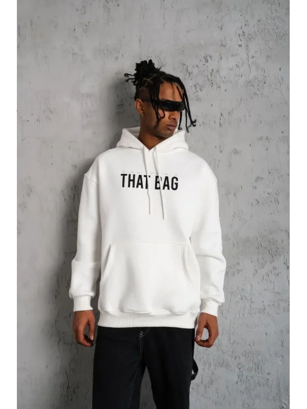 Lushiowear Erkek 3 İplik Pamuklu Kapüşonlu Baskılı Cepli Oversize Sweatshirt Hoodie - Beyaz