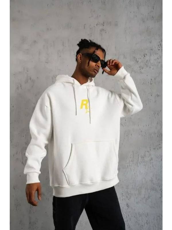 Lushiowear Erkek 3 İplik Pamuklu Kapüşonlu Baskılı Cepli Oversize Sweatshirt Hoodie - Beyaz