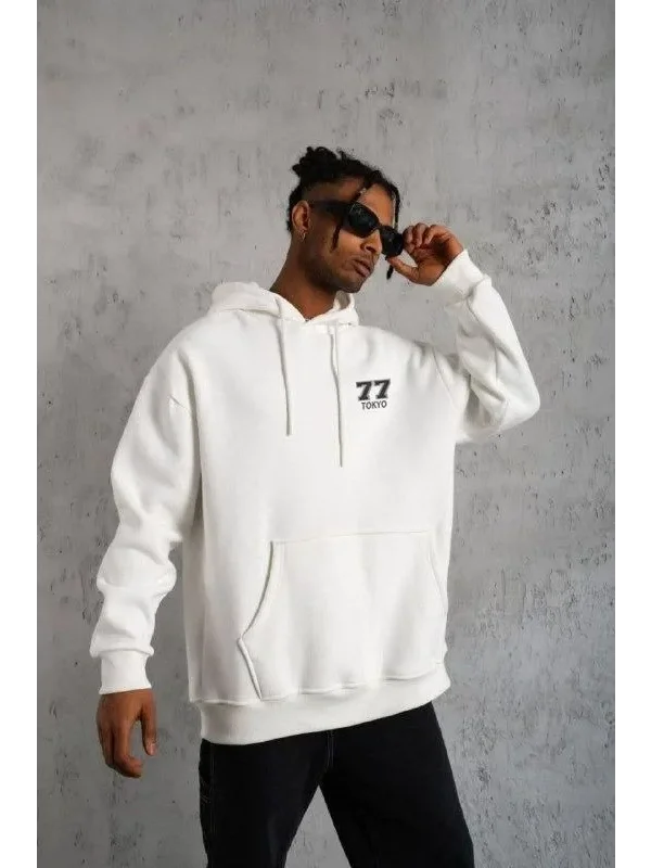Lushiowear Erkek 3 İplik Pamuklu Kapüşonlu Baskılı Cepli Oversize Sweatshirt Hoodie - Beyaz
