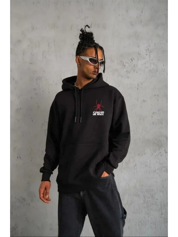 Lushiowear Erkek 3 İplik Pamuklu Kapüşonlu Baskılı Cepli Oversize Sweatshirt Hoodie - Siyah