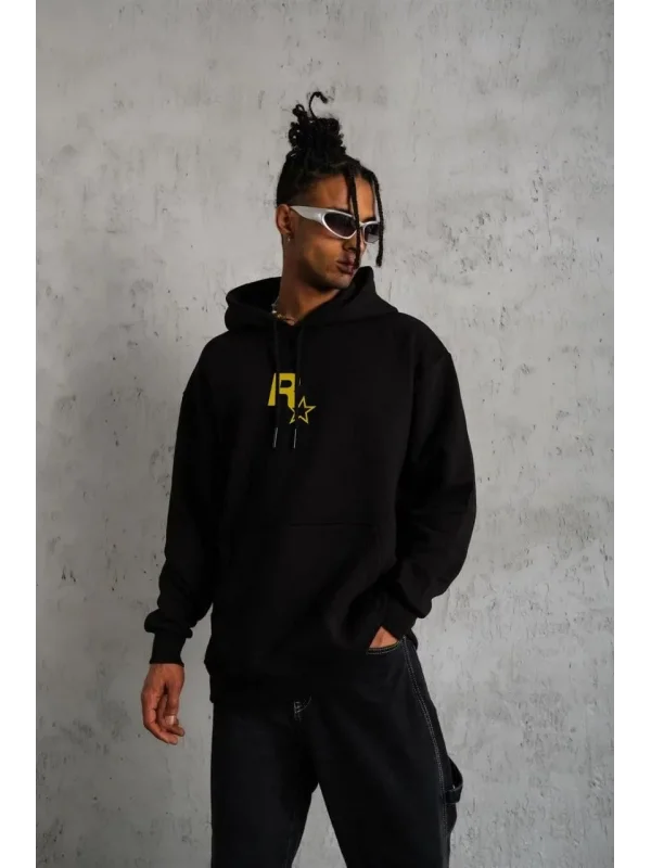 Lushiowear Erkek 3 İplik Pamuklu Kapüşonlu Baskılı Cepli Oversize Sweatshirt Hoodie - Siyah