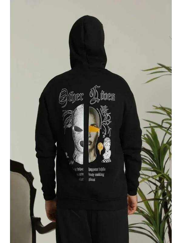 Lushiowear Erkek Kapüşonlu Kanguru Cepli Sweatshirt 3 İplik Pamuklu Baskılı Hoodie - Siyah