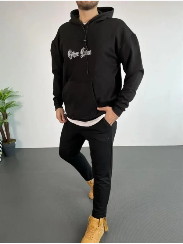 Lushiowear Erkek Kapüşonlu Kanguru Cepli Sweatshirt 3 İplik Pamuklu Baskılı Hoodie - Siyah