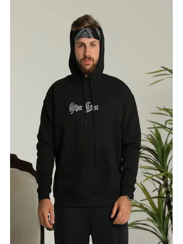 Lushiowear Erkek Kapüşonlu Kanguru Cepli Sweatshirt 3 İplik Pamuklu Baskılı Hoodie - Siyah