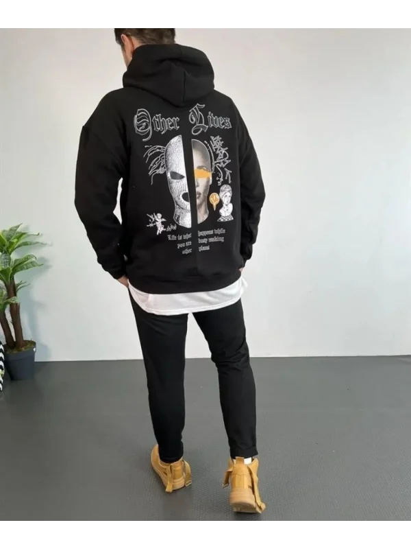 Lushiowear Erkek Kapüşonlu Kanguru Cepli Sweatshirt 3 İplik Pamuklu Baskılı Hoodie - Siyah