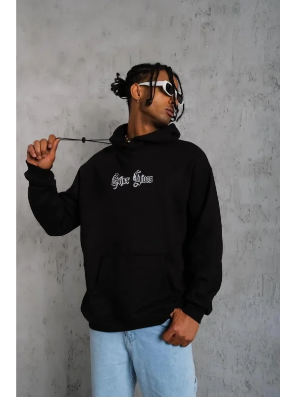 Lushiowear Erkek Kapüşonlu Kanguru Cepli Sweatshirt 3 İplik Pamuklu Baskılı Hoodie - Siyah