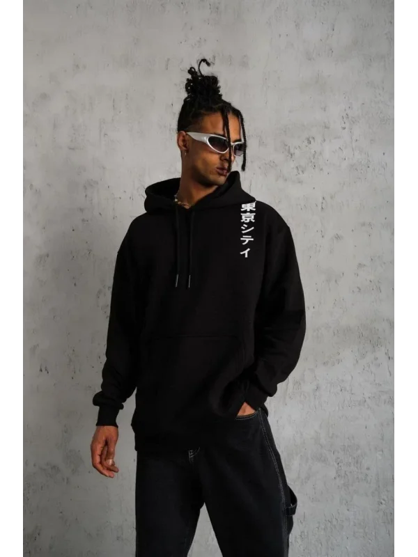 Lushiowear Erkek 3 İplik Pamuklu Kapüşonlu Baskılı Cepli Oversize Sweatshirt Hoodie - Siyah